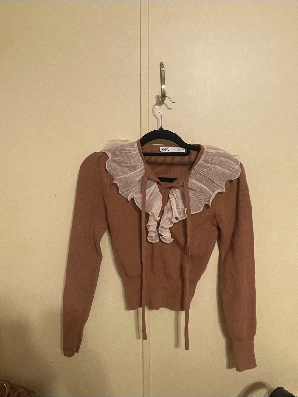 Zara Rust Brown Knit Top with Cream Ruffle Tie Collar
